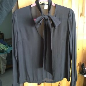 H&M V-Neck Gray Long Sleeve Blouse with Neck Tie
